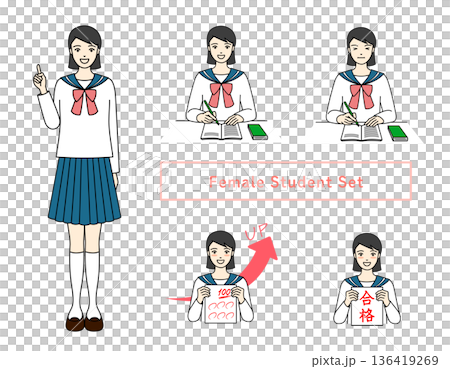 Sailor suit female high school student pose set Study and exam passing image 136419269