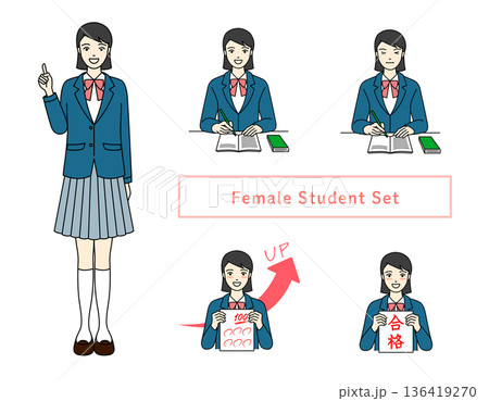 ブレザー制服の女子高校生ポーズセット勉強と試験合格のイメージ ブレザー制服の女子高校生ポーズセット勉強と試験合格のイメージ 136419270