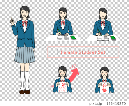 Blazer uniform female high school student pose set image of studying and passing exams 136419270