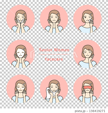 Senior women's skin care, beauty and anti-aging care illustration set 136419271