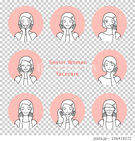 Illustration set of senior woman's face doing skin care 136419272