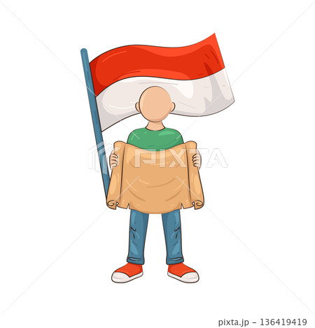 Illustration of person carrying the Indonesian flag and banner 136419419