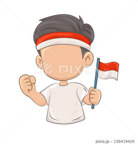 Illustration of boy holding the Indonesian flag Illustration of boy holding the Indonesian flag 136419420