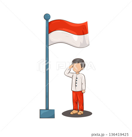 Illustration of boy saluting the Indonesian flag Illustration of boy saluting the Indonesian flag 136419425