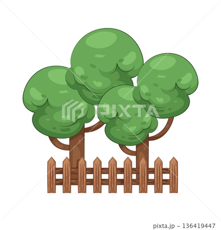 Illustration of Trees behind a wooden fence Illustration of Trees behind a wooden fence 136419447