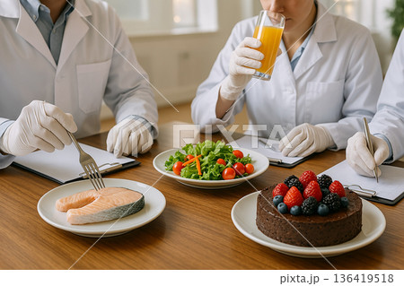 Sensory evaluation of salad, fresh salmon, fruit-decorated chocolate cake, and orange juice by food professionals under food quality and sensory engineering protocols Sensory evaluation of salad, fresh salmon, fruit-decorated chocolate cake, and orange juice by food professionals under food quality and sensory engineering protocols 136419518