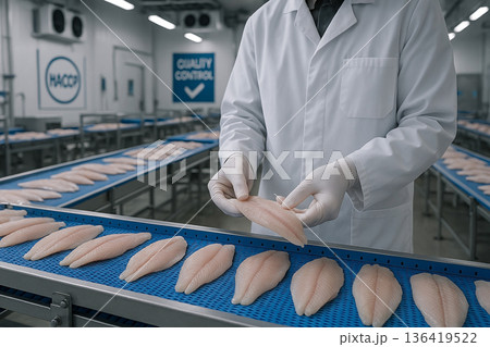 Quality control inspection of fresh fish fillets on conveyor belts in a cold food processing plant following HACCP standards and food engineering protocols Quality control inspection of fresh fish fillets on conveyor belts in a cold food processing plant following HACCP standards and food engineering protocols 136419522