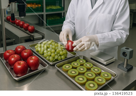 Food quality inspection of apples, grapes, and kiwis in a processing facility with digital scale, vision cameras, and food engineering protocols for visual control 136419523