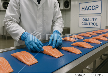 Quality inspection of fresh salmon fillets on conveyor belt in cold food processing facility under HACCP standards and food engineering safety and control protocols Quality inspection of fresh salmon fillets on conveyor belt in cold food processing facility under HACCP standards and food engineering safety and control protocols 136419528