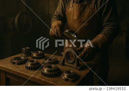 Manual inspection of mechanical components on wooden workbench using magnifying glass in vintage industrial setting with warm lighting and precision craftsmanship focus 136419532