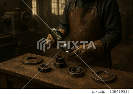 Industrial worker inspecting mechanical components with magnifying glasses on wooden workbench in vintage workshop with warm lighting and manual quality control focus Industrial worker inspecting mechanical components with magnifying glasses on wooden workbench in vintage workshop with warm lighting and manual quality control focus 136419533