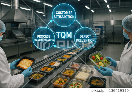 TQM system in ready meal production line showing quality control through customer satisfaction, process standardization, and defect prevention by food inspectors TQM system in ready meal production line showing quality control through customer satisfaction, process standardization, and defect prevention by food inspectors 136419539