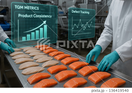 Fish fillet inspection with digital TQM metrics showing product consistency and defect tracking during seafood processing in a hygienic, high-tech food facility Fish fillet inspection with digital TQM metrics showing product consistency and defect tracking during seafood processing in a hygienic, high-tech food facility 136419540