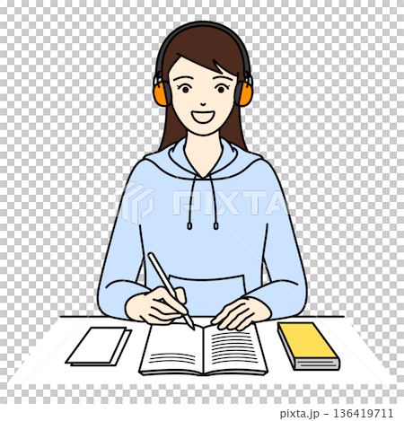 聴覚過敏用のイヤーマフで騒音を遮断し笑顔で勉強を楽しむ若い女性 聴覚過敏用のイヤーマフで騒音を遮断し笑顔で勉強を楽しむ若い女性 136419711