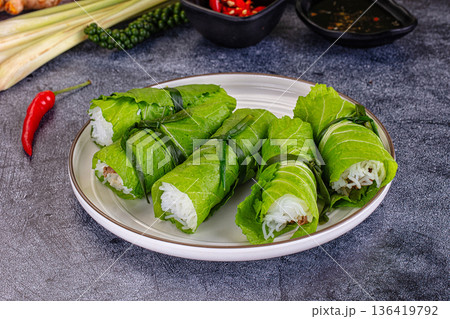 Vietnamese green nem spring rolls in leaf 136419792