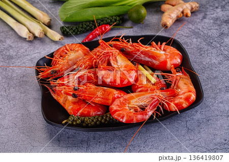 Boiled fresh red tiger prawns Boiled fresh red tiger prawns 136419807