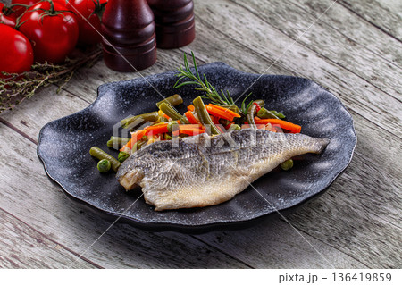 Steamed seabass fish fillet with vegetables Steamed seabass fish fillet with vegetables 136419859