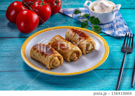 Stuffed homemade pancakes with meat Stuffed homemade pancakes with meat 136419869