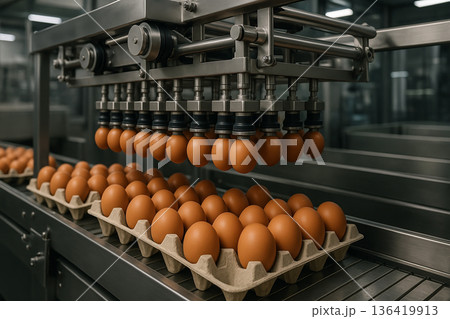 Automated egg handling machine operating in modern food processing facility for quality control and packaging in compliance with HACCP safety standards 136419913