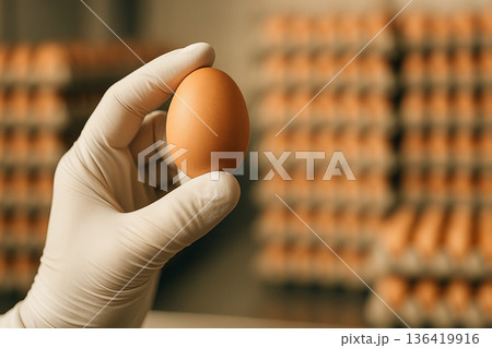 Close-up of gloved hand holding egg during food safety inspection in processing facility, illustrating hygiene, control and compliance with HACCP standards 136419916