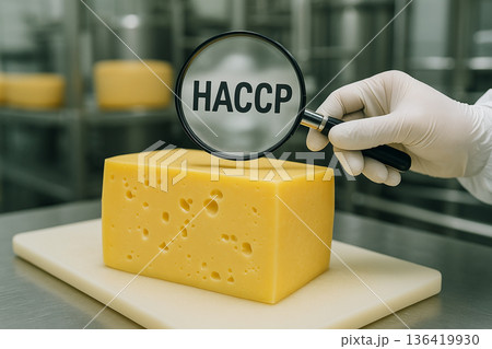 Dairy cheese inspection using magnifying glass under HACCP standard procedures, focusing on food safety, quality assurance and critical control point verification 136419930