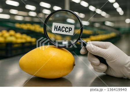 Food inspection of mango with magnifying glass and HACCP label for food safety and Hazard Analysis and Critical Control Points system in food production 136419940