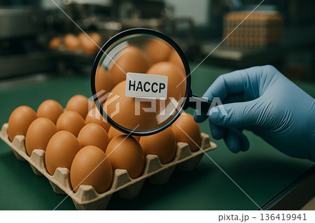 Inspection of eggs with HACCP label under magnifying glass emphasizing food safety control and Hazard Analysis and Critical Control Points in egg production 136419941