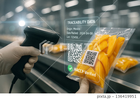 Inspector scanning packaged fruit product to verify HACCP compliance using barcode reader and digital traceability system in food safety facility 136419951