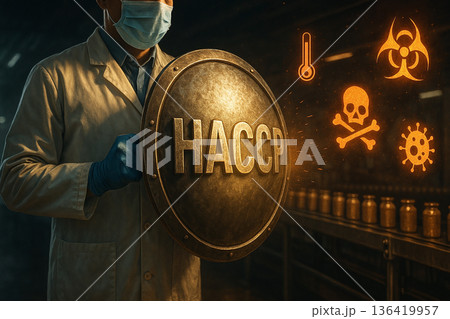 Food safety inspector with HACCP shield protecting food production line from contamination and hazards with dramatic cinematic lighting and warning icons 136419957