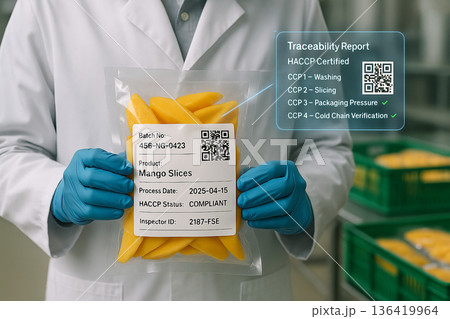 Engineer holding vacuum-sealed mango slices with printed HACCP-compliant traceability label and digital overlay showing verified CCP steps in food safety facility Engineer holding vacuum-sealed mango slices with printed HACCP-compliant traceability label and digital overlay showing verified CCP steps in food safety facility 136419964