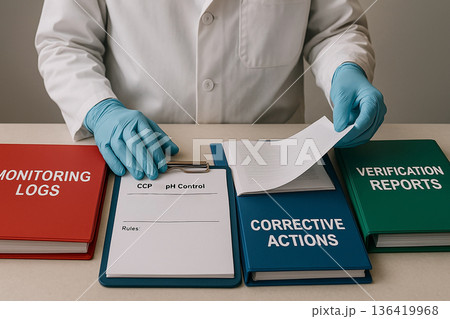 Food Engineer handling HACCP control documents with binders of monitoring logs corrective actions and verification reports in a food safety documentation setting 136419968