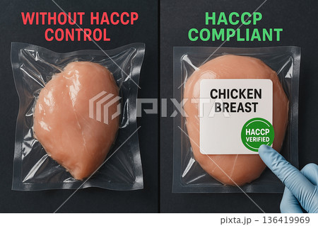 Comparison between vacuum-sealed chicken breast with and without HACCP control showing safety difference, proper labeling and seal verification in food packaging Comparison between vacuum-sealed chicken breast with and without HACCP control showing safety difference, proper labeling and seal verification in food packaging 136419969