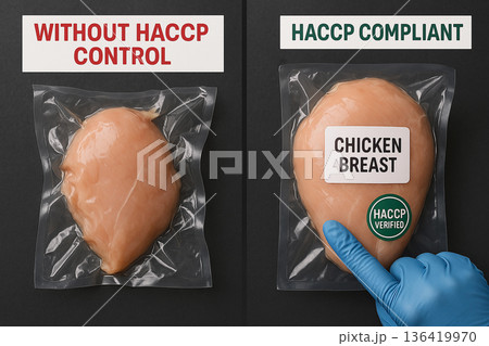 Side-by-side comparison of vacuum-sealed chicken breast with and without HACCP control showing packaging integrity and safety compliance with verification label Side-by-side comparison of vacuum-sealed chicken breast with and without HACCP control showing packaging integrity and safety compliance with verification label 136419970