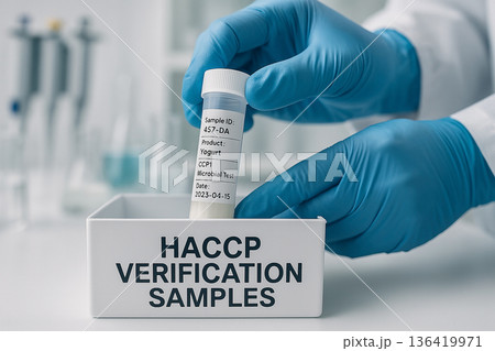 Close-up of gloved hands placing a yogurt microbial test vial into a box labeled HACCP Verification Samples in a sterile food safety laboratory environment Close-up of gloved hands placing a yogurt microbial test vial into a box labeled HACCP Verification Samples in a sterile food safety laboratory environment 136419971