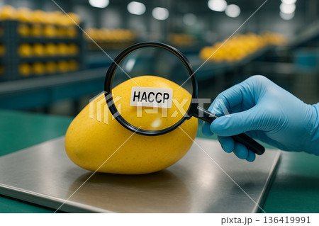 Mango under magnifying glass labeled HACCP during food safety inspection in processing line to ensure proper hazard analysis and critical control compliance Mango under magnifying glass labeled HACCP during food safety inspection in processing line to ensure proper hazard analysis and critical control compliance 136419991