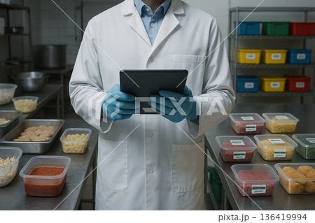 Visual contrast of food safety before and after HACCP implementation with engineer monitoring compliance using digital tablet in food production facility 136419994