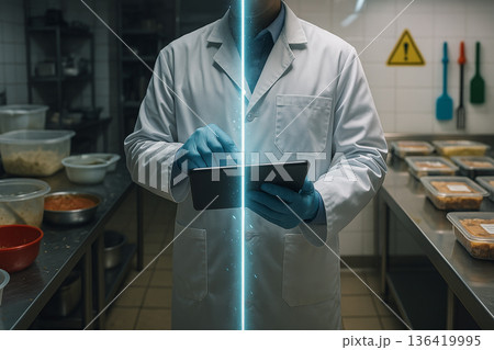 Visual contrast of food safety before and after HACCP implementation with engineer monitoring compliance using digital tablet in food production facility 136419995