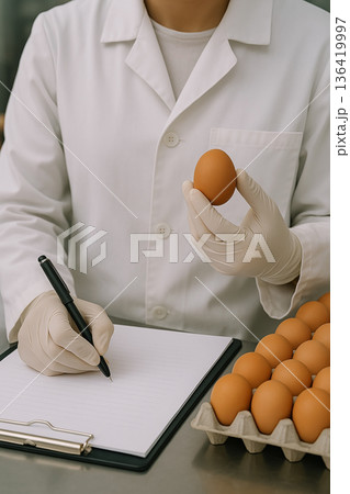 Food safety inspector wearing gloves holding brown egg and recording notes on clipboard during quality inspection at production facility. Food safety inspector wearing gloves holding brown egg and recording notes on clipboard during quality inspection at production facility. 136419997