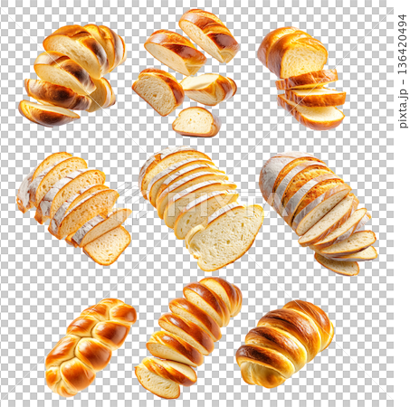 Assorted challah bread loaves and slices in style on white background, concept of traditional baking and fresh bakery 136420494