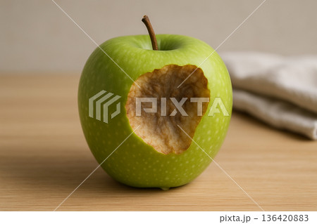 Food spoilage in green apple due to mechanical damage and enzymatic browning indicating degradation processes related to storage conditions and quality loss 136420883