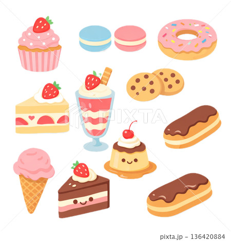 ポップでかわいいスイーツ素材セット（フラット・パステル） 136420884