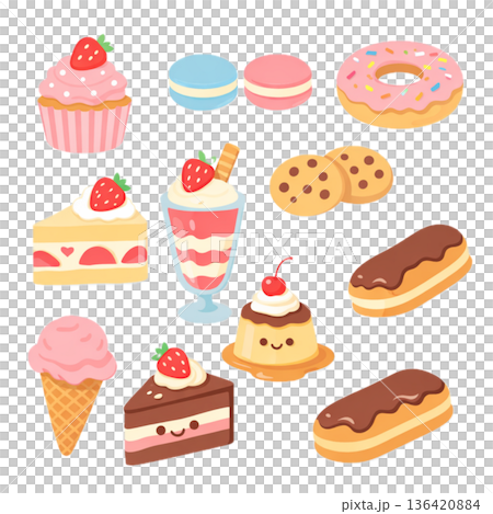 ポップでかわいいスイーツ素材セット（フラット・パステル） 136420884