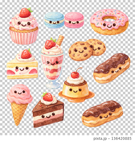 水彩ゆるかわスイーツセット（顔つき・いちごデザート） 136420885