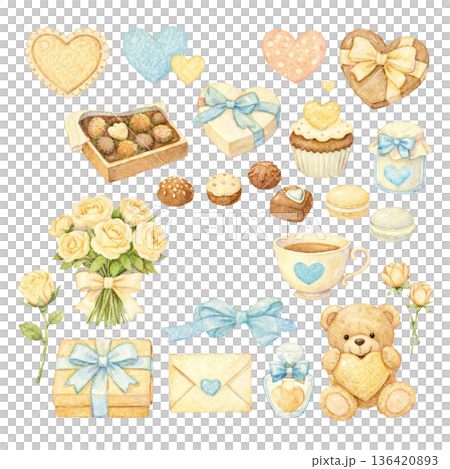 水彩禮品組（心型、花束、緞帶、小熊） 136420893