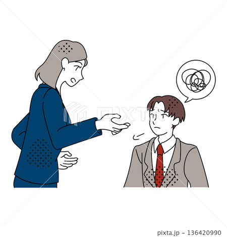 女性上司と男性社員の意見の食い違いを表すビジネス会話イラスト 女性上司と男性社員の意見の食い違いを表すビジネス会話イラスト 136420990
