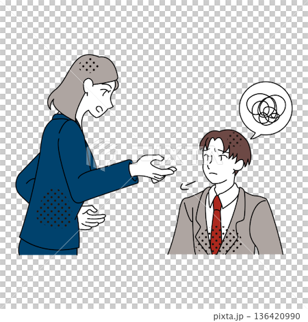 商務對話插圖，展現了一位女老闆和一位男員工之間的分歧。 136420990