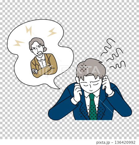 怒る上司を想像してストレスを感じるビジネスマンのイラスト 136420992