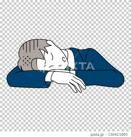 Illustration of a tired businessman lying face down on his desk 136421005