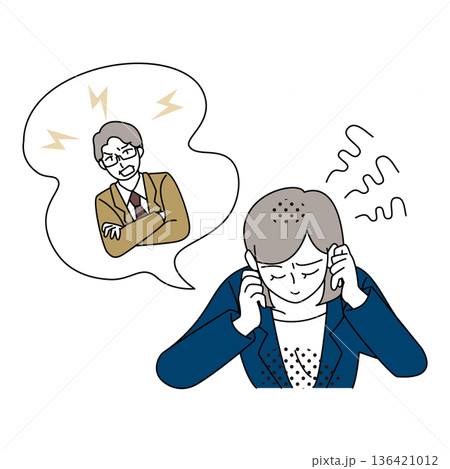 怒る男性上司を想像してストレスを感じる女性社員のイラスト 怒る男性上司を想像してストレスを感じる女性社員のイラスト 136421012