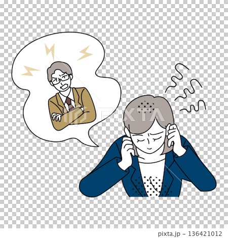 怒る男性上司を想像してストレスを感じる女性社員のイラスト 怒る男性上司を想像してストレスを感じる女性社員のイラスト 136421012